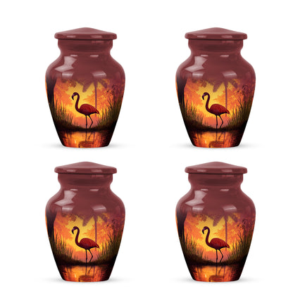 Garnet Red Flamingo Cremation Urn side profile showing urn shape - classic sculpted flamingo pattern on smooth aluminum - 10 inch aluminum urn for cremated remains