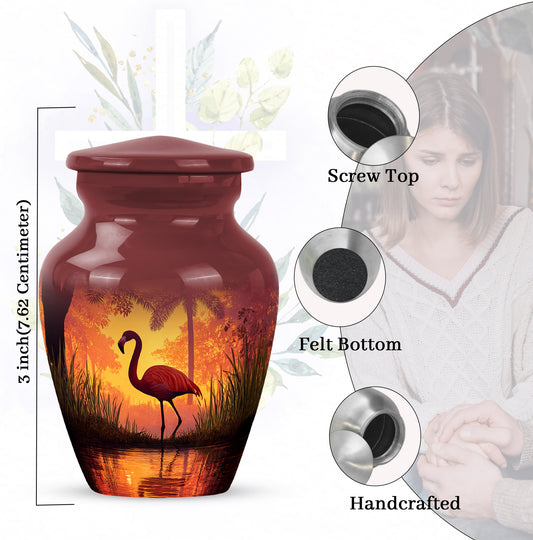 Scarlet Red Flamingo Cremation Urn close-up of engraving and surface detail - elegant classic flamingo relief with fine detailing - mini keepsake memorial for portion of cremation ashes