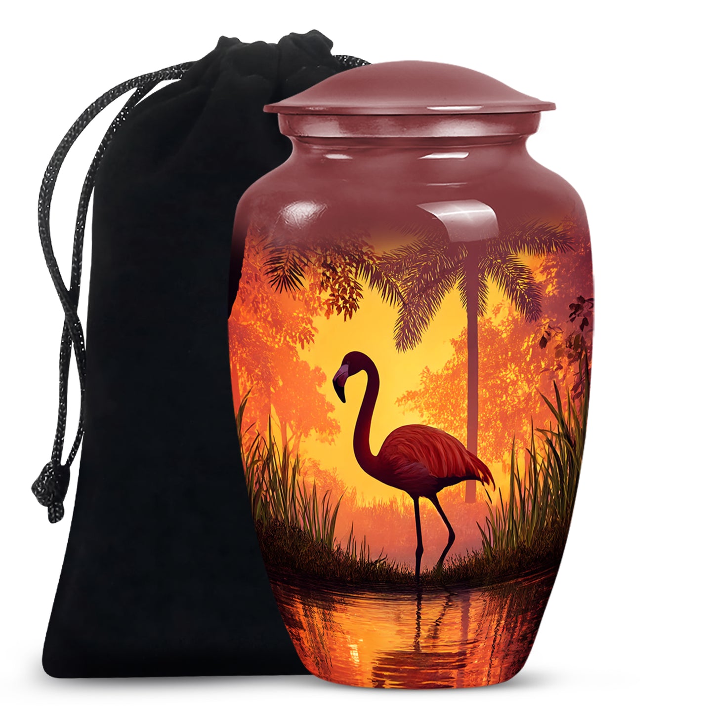 Deep Red Flamingo Cremation Urn angled view of lid and engraved motif - timeless flamingo motif etched into premium metal - full-size 10 inch 200 cubic inch adult cremation urn