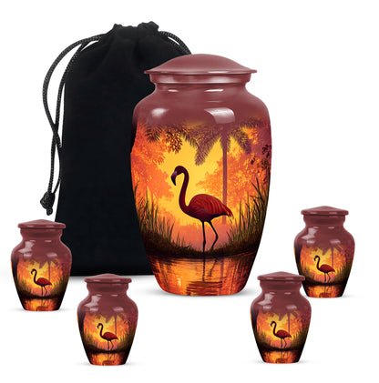 Scarlet Red Flamingo Cremation Urn top-down view of secure threaded lid - elegant classic flamingo relief with fine detailing - memorial set with one large and four small urns