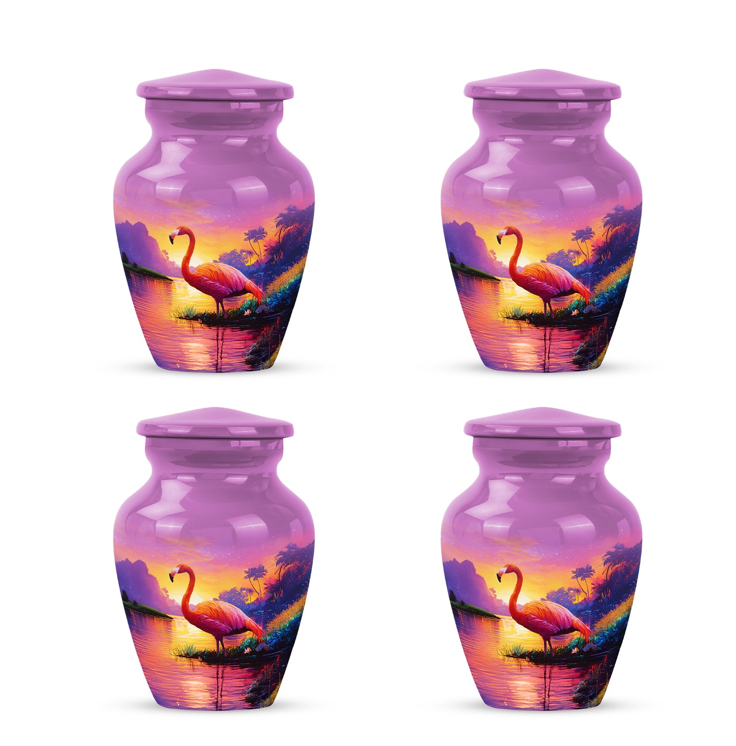 Dusty Pink Flamingo Cremation Urn side profile showing urn shape - elegant classic flamingo relief with fine detailing - 10 inch aluminum urn for cremated remains