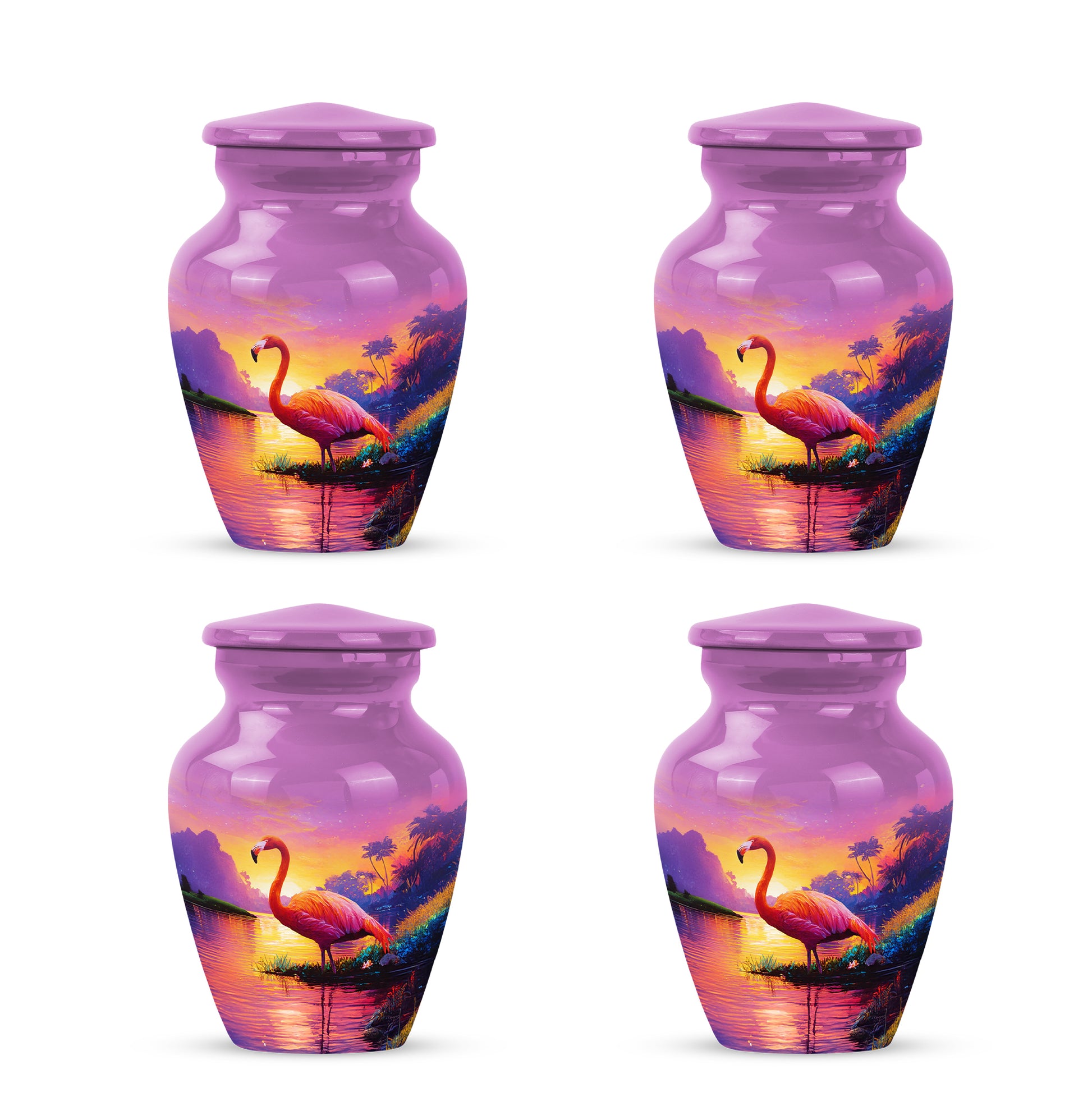 Dusty Pink Flamingo Cremation Urn side profile showing urn shape - elegant classic flamingo relief with fine detailing - 10 inch aluminum urn for cremated remains
