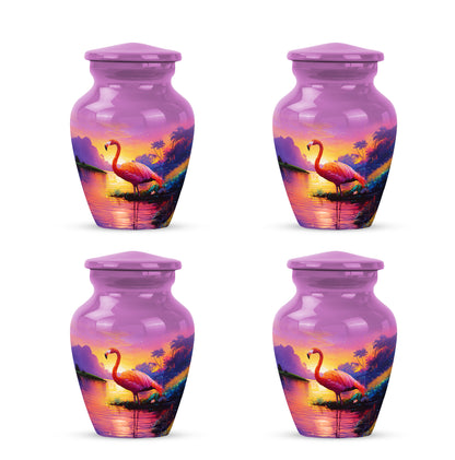 Dusty Pink Flamingo Cremation Urn side profile showing urn shape - elegant classic flamingo relief with fine detailing - 10 inch aluminum urn for cremated remains