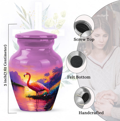 Soft Pink Flamingo Cremation Urn close-up of engraving and surface detail - traditional flamingo engraving with hand-polished finish - mini keepsake memorial for portion of cremation ashes