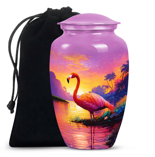 Dusty Pink Flamingo Cremation Urn angled view of lid and engraved motif - traditional flamingo engraving with hand-polished finish - full-size 10 inch 200 cubic inch adult cremation urn