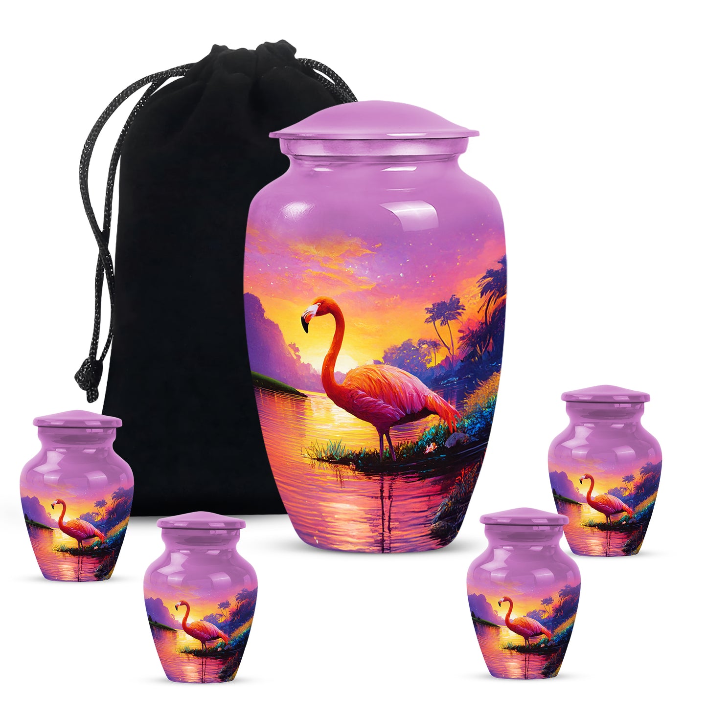 Dusty Pink Flamingo Cremation Urn top-down view of secure threaded lid - elegant classic flamingo relief with fine detailing - memorial set with one large and four small urns