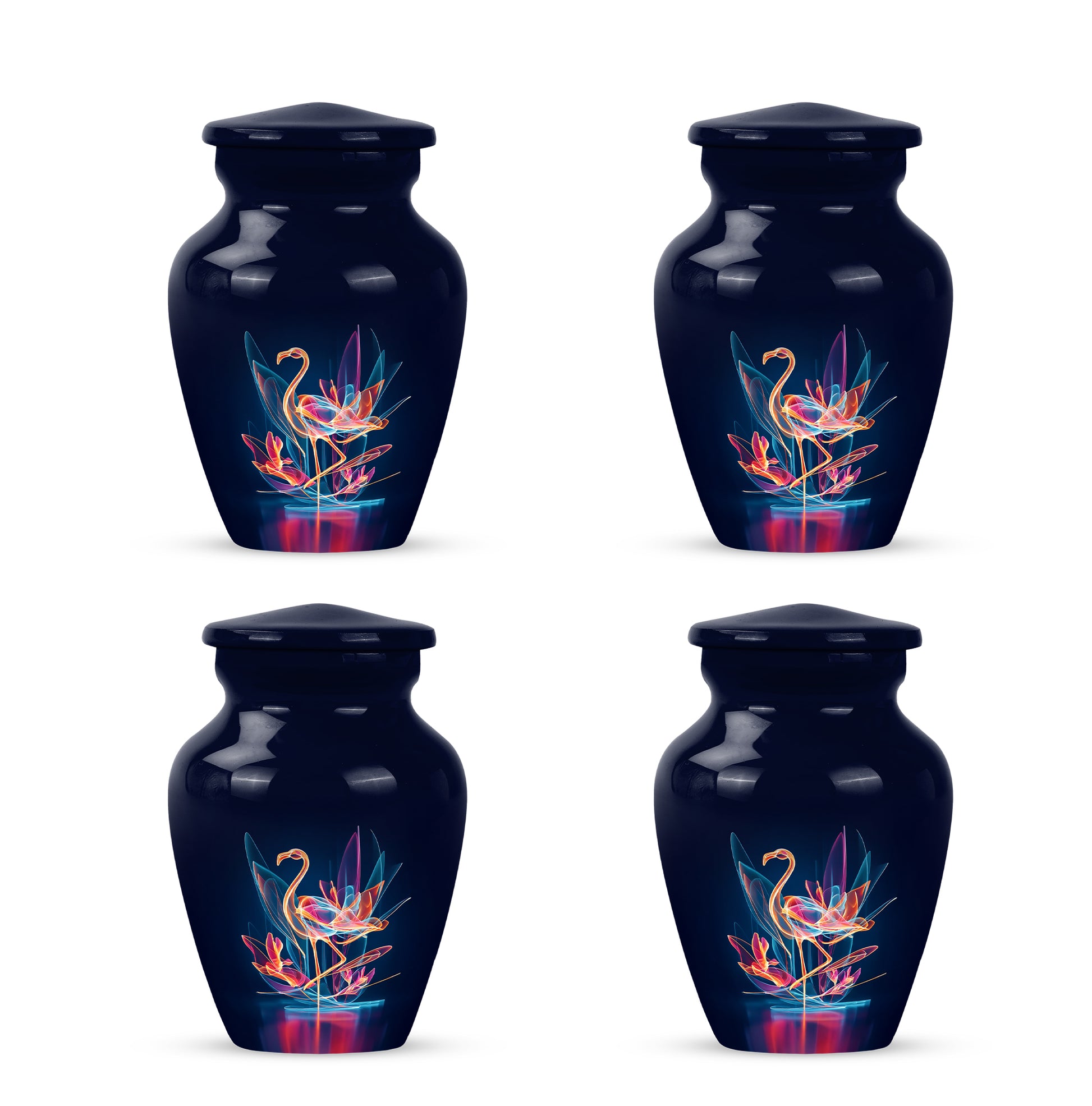 Navy Blue Flamingo Cremation Urn side profile showing urn shape - classic sculpted flamingo pattern on smooth aluminum - 10 inch aluminum urn for cremated remains