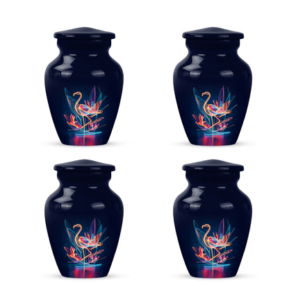 Navy Blue Flamingo Cremation Urn side profile showing urn shape - classic sculpted flamingo pattern on smooth aluminum - 10 inch aluminum urn for cremated remains