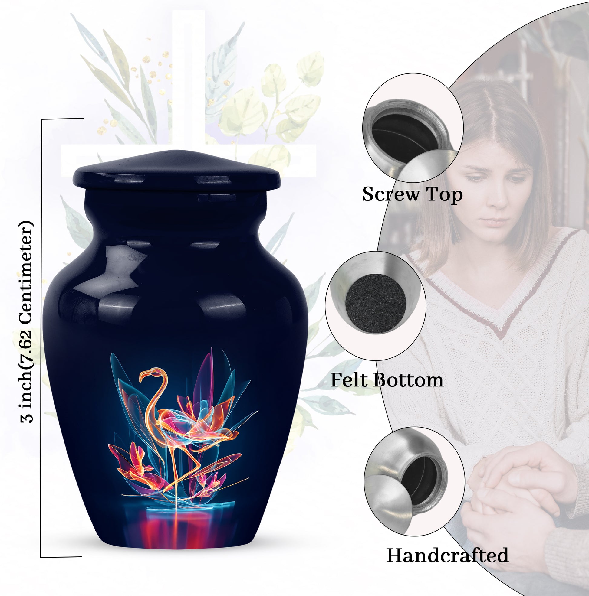 Sapphire Blue Flamingo Cremation Urn close-up of engraving and surface detail - elegant classic flamingo relief with fine detailing - mini keepsake memorial for portion of cremation ashes