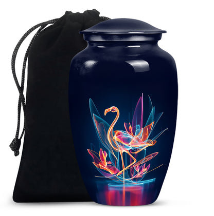 Celestial Blue Flamingo Cremation Urn angled view of lid and engraved motif - classic sculpted flamingo pattern on smooth aluminum - full-size 10 inch 200 cubic inch adult cremation urn