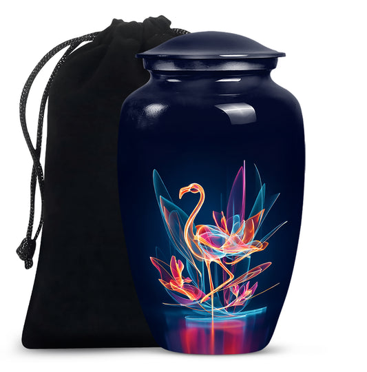 Celestial Blue Flamingo Cremation Urn angled view of lid and engraved motif - classic sculpted flamingo pattern on smooth aluminum - full-size 10 inch 200 cubic inch adult cremation urn