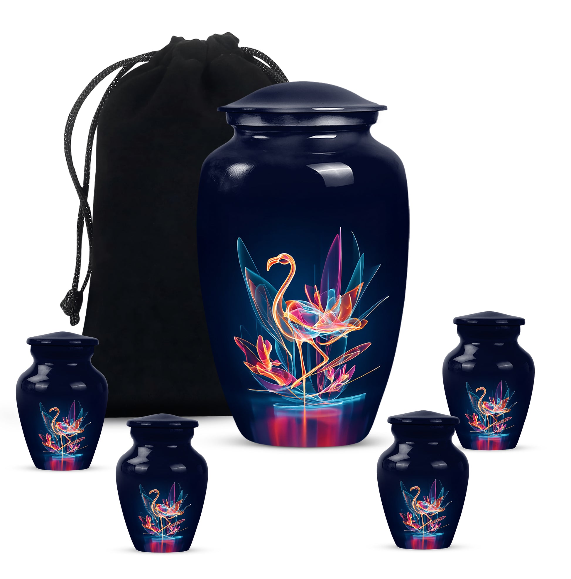 Serene Blue Flamingo Cremation Urn top-down view of secure threaded lid - traditional flamingo engraving with hand-polished finish - memorial set with one large and four small urns