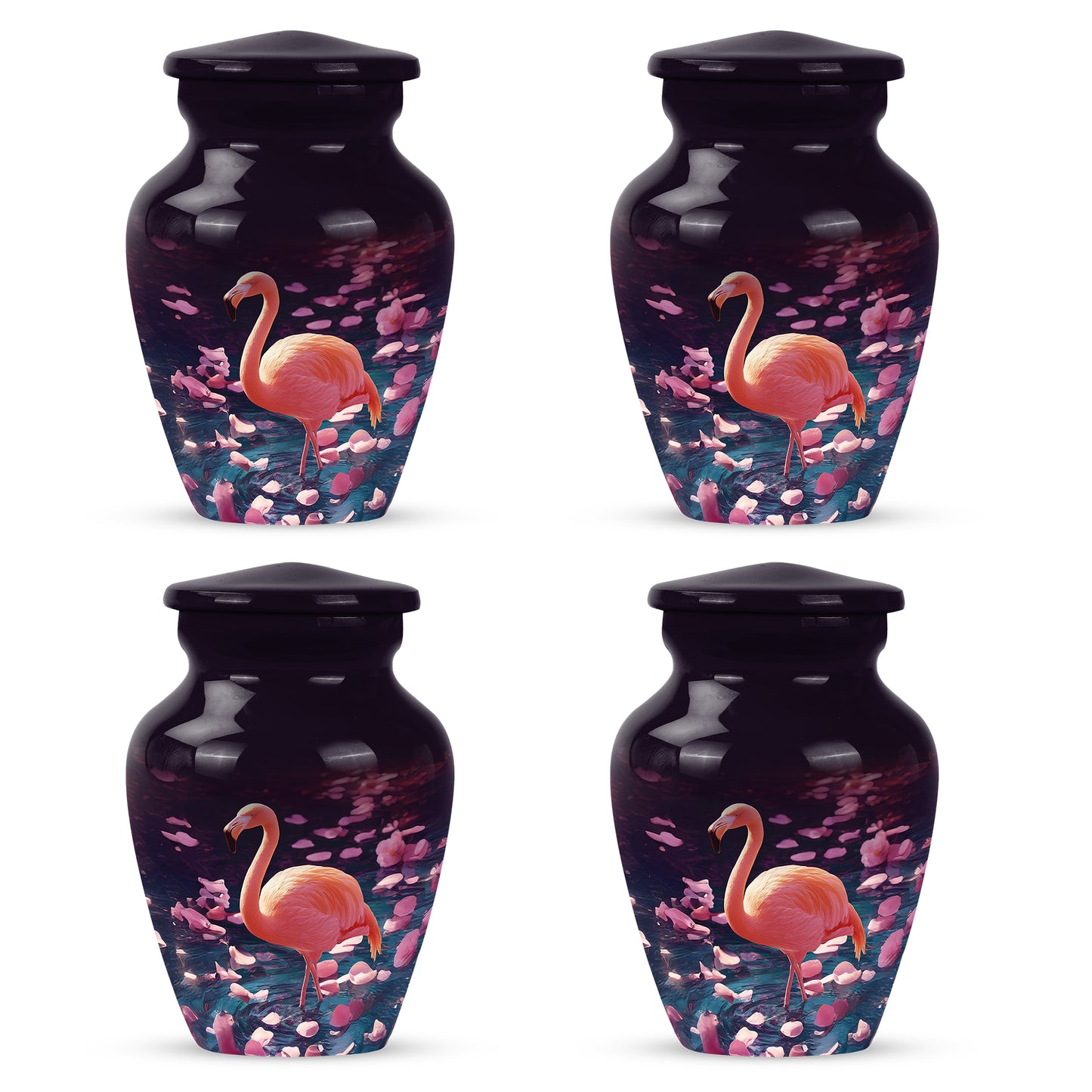 Deep Purple Flamingo Cremation Urn side profile showing urn shape - timeless flamingo motif etched into premium metal - 10 inch aluminum urn for cremated remains