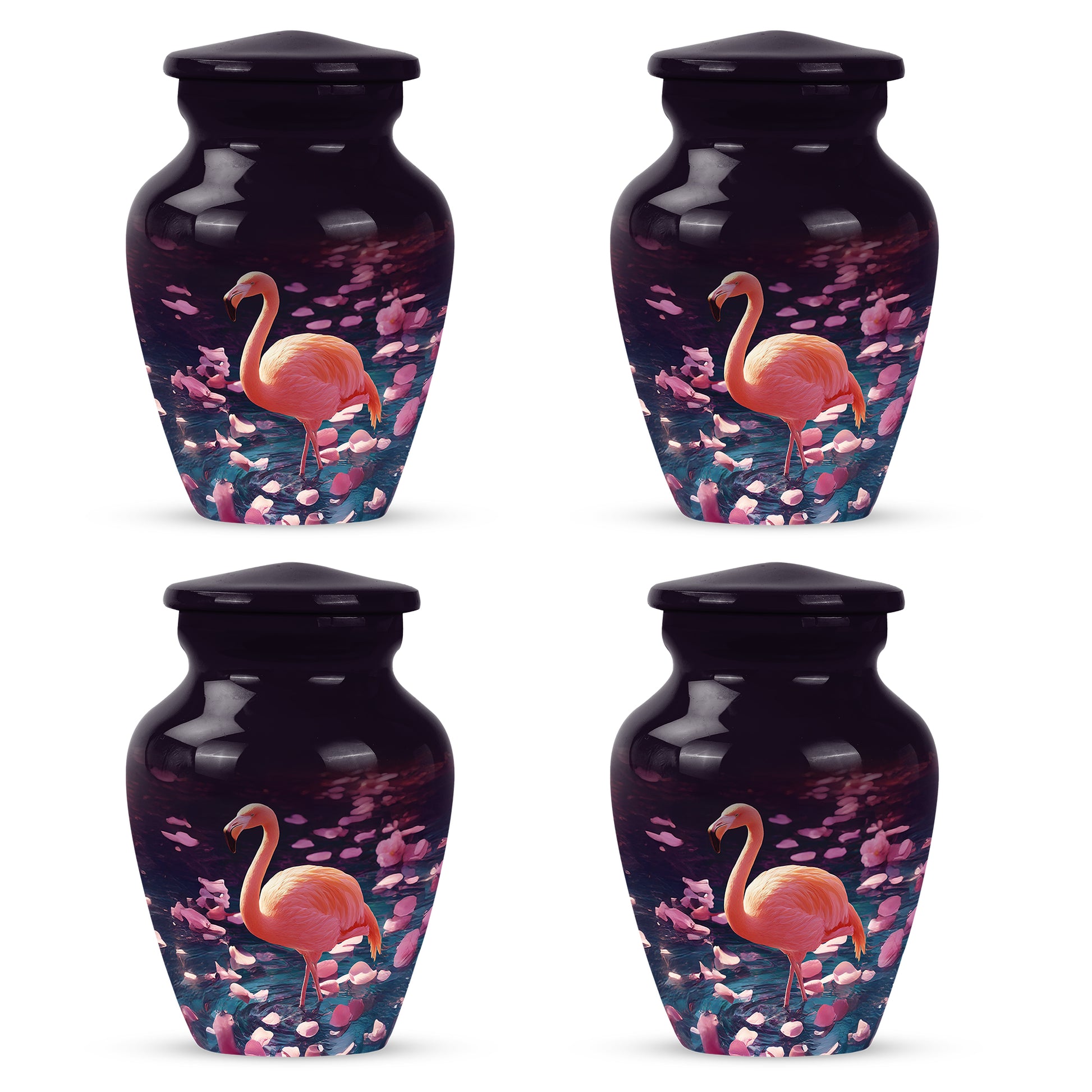 Deep Purple Flamingo Cremation Urn side profile showing urn shape - timeless flamingo motif etched into premium metal - 10 inch aluminum urn for cremated remains