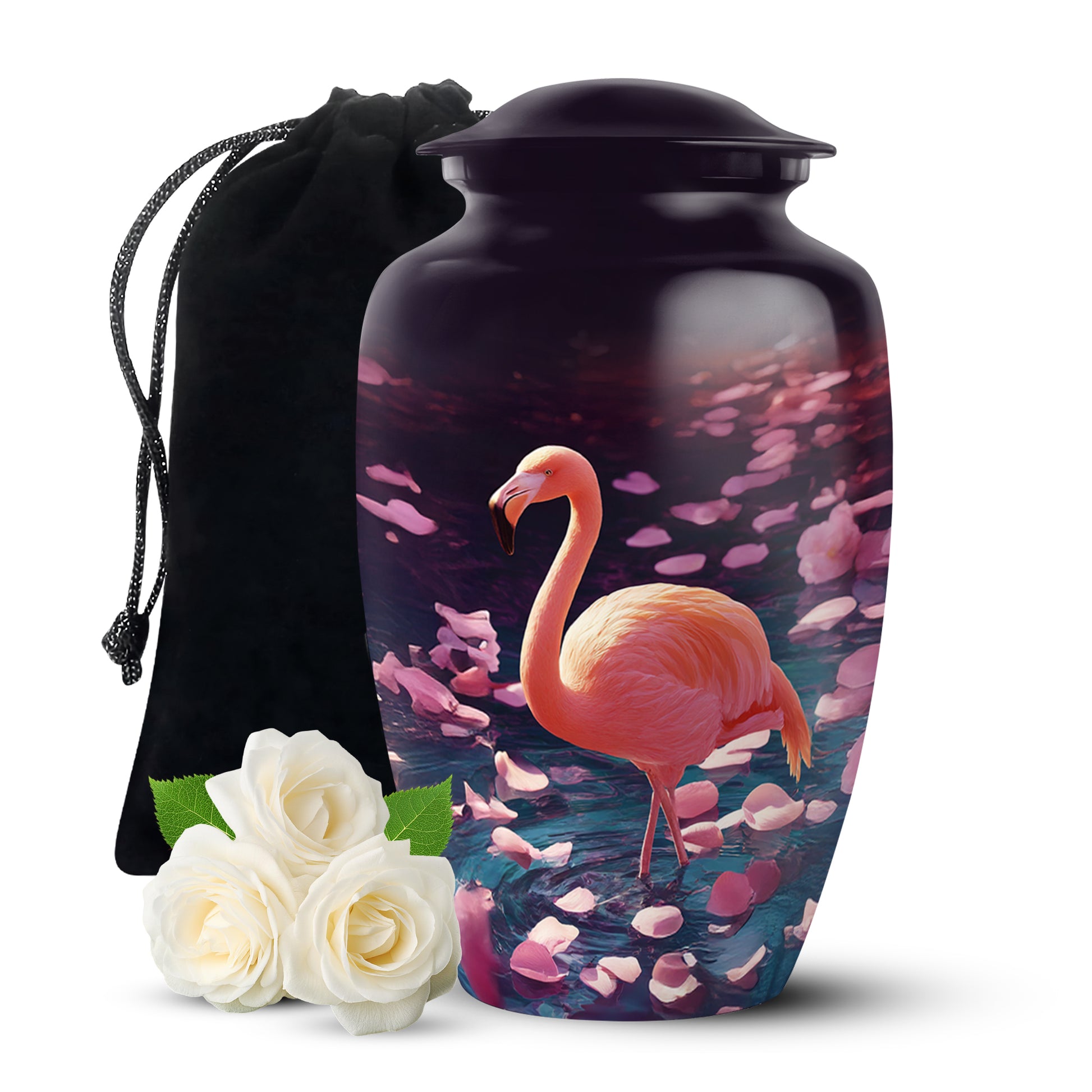 Plum Purple Flamingo Cremation Urn angled view of lid and engraved motif - classic sculpted flamingo pattern on smooth aluminum - full-size 10 inch 200 cubic inch adult cremation urn