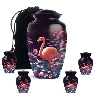 Lavender Purple Flamingo Cremation Urn top-down view of secure threaded lid - traditional flamingo engraving with hand-polished finish - memorial set with one large and four small urns