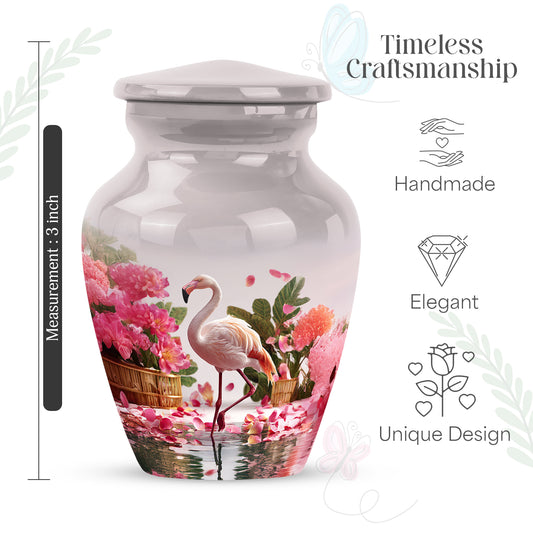 Platinum Silver Flamingo Cremation Urn close-up of engraving and surface detail - timeless flamingo motif etched into premium metal - mini keepsake memorial for portion of cremation ashes