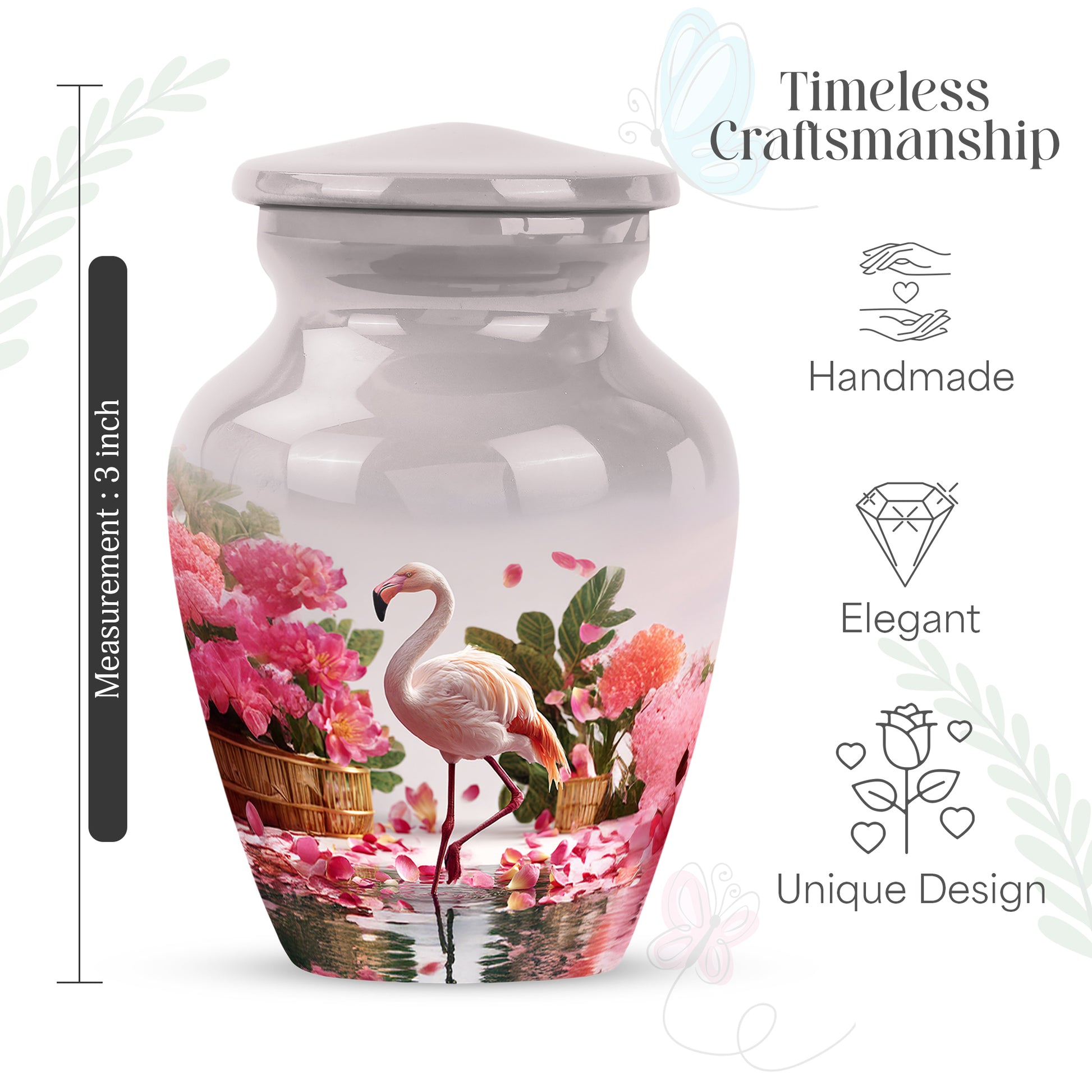 Platinum Silver Flamingo Cremation Urn close-up of engraving and surface detail - timeless flamingo motif etched into premium metal - mini keepsake memorial for portion of cremation ashes