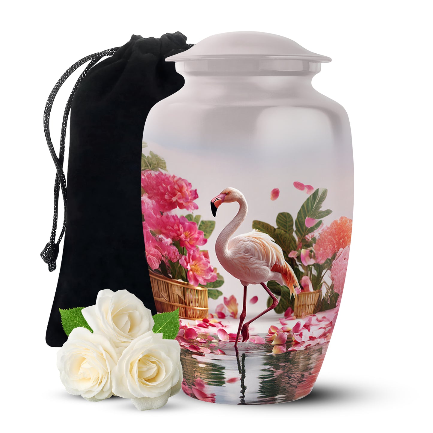 Platinum Silver Flamingo Cremation Urn angled view of lid and engraved motif - classic sculpted flamingo pattern on smooth aluminum - full-size 10 inch 200 cubic inch adult cremation urn