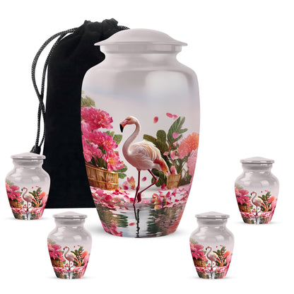 Moonlight Silver Flamingo Cremation Urn top-down view of secure threaded lid - traditional flamingo engraving with hand-polished finish - memorial set with one large and four small urns