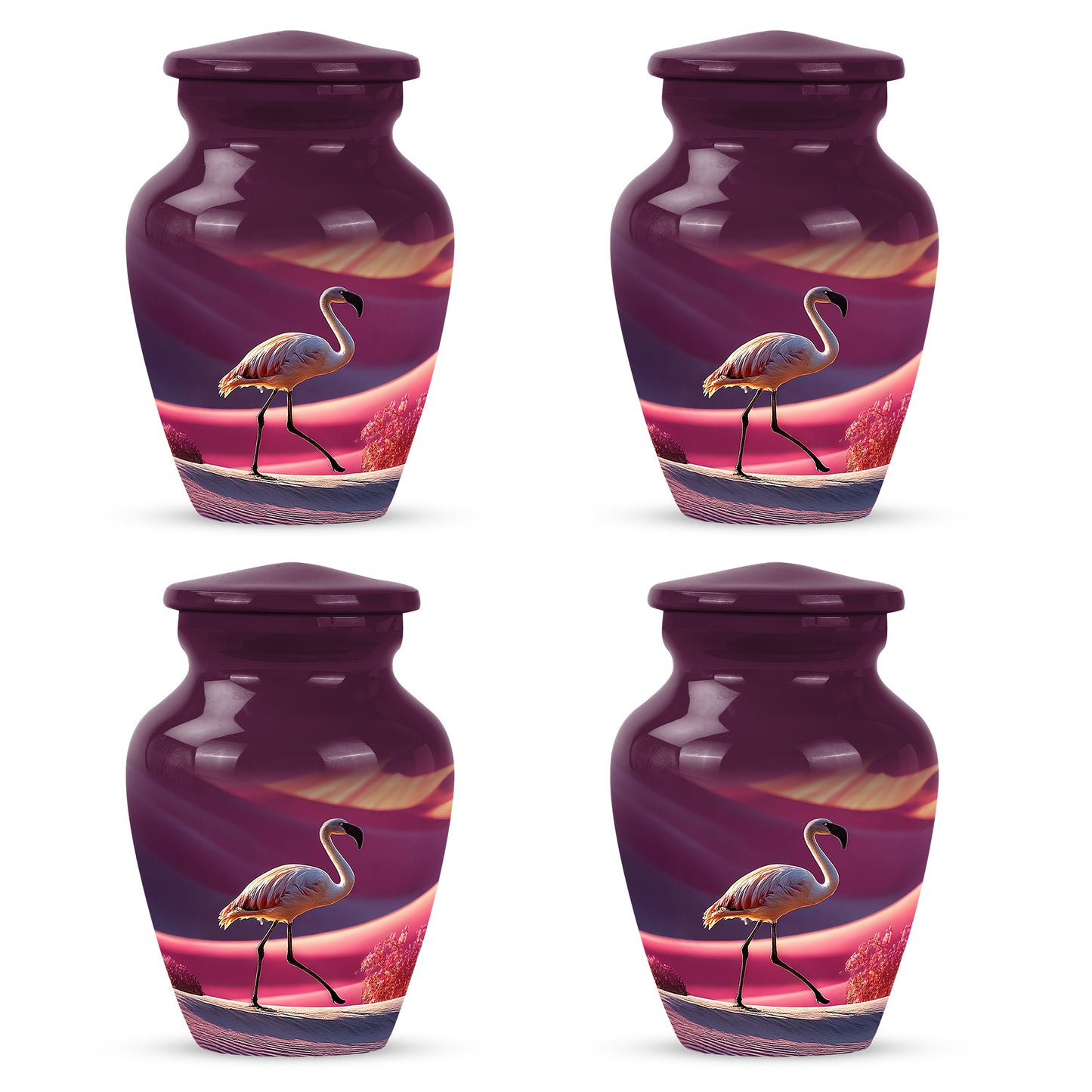Petal Pink Flamingo Cremation Urn side profile showing urn shape - elegant classic flamingo relief with fine detailing - 10 inch aluminum urn for cremated remains