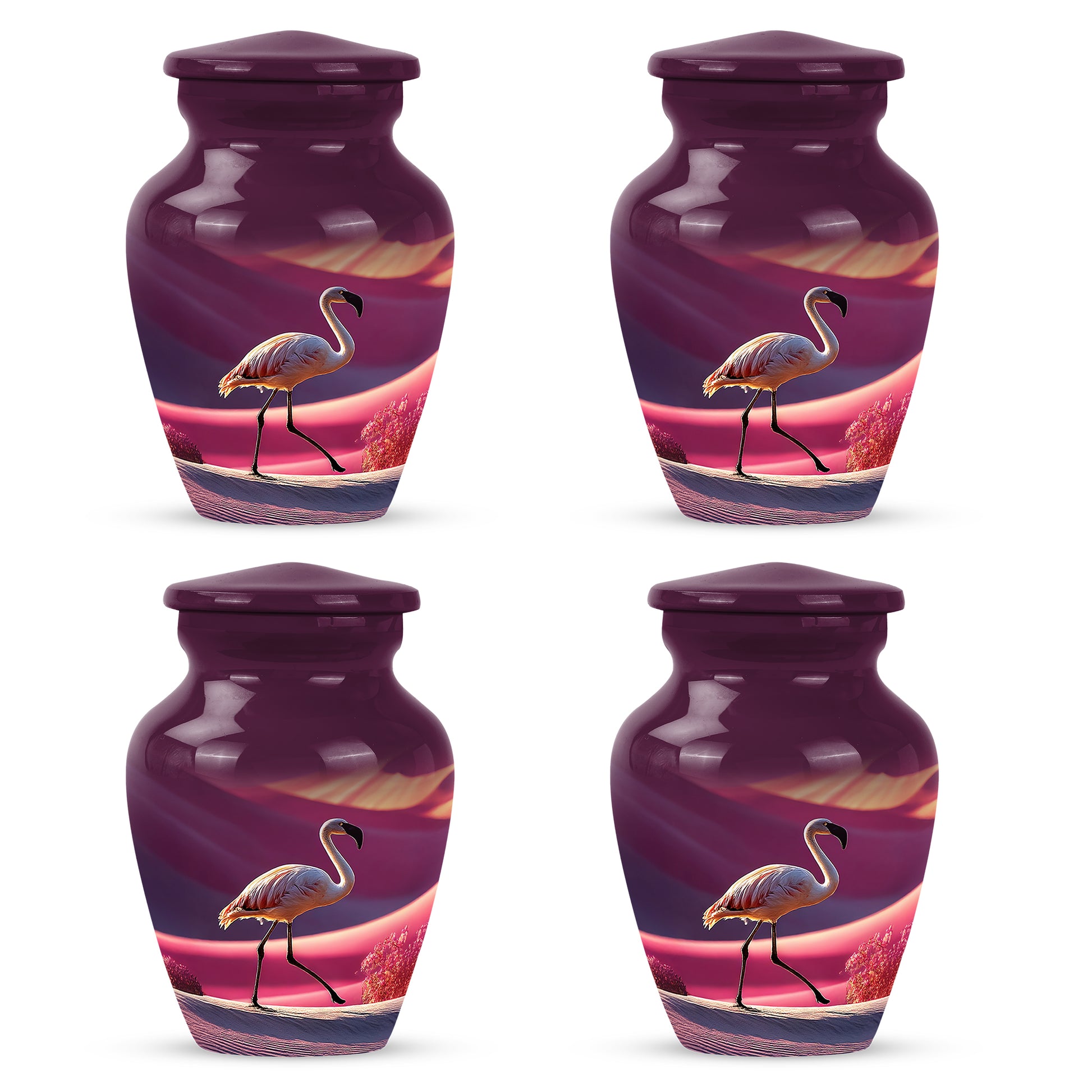Petal Pink Flamingo Cremation Urn side profile showing urn shape - elegant classic flamingo relief with fine detailing - 10 inch aluminum urn for cremated remains