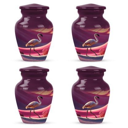 Petal Pink Flamingo Cremation Urn side profile showing urn shape - elegant classic flamingo relief with fine detailing - 10 inch aluminum urn for cremated remains