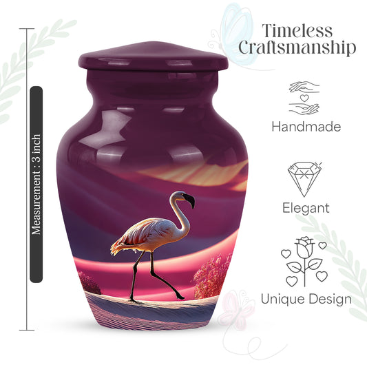 Soft Pink Flamingo Cremation Urn close-up of engraving and surface detail - elegant classic flamingo relief with fine detailing - mini keepsake memorial for portion of cremation ashes