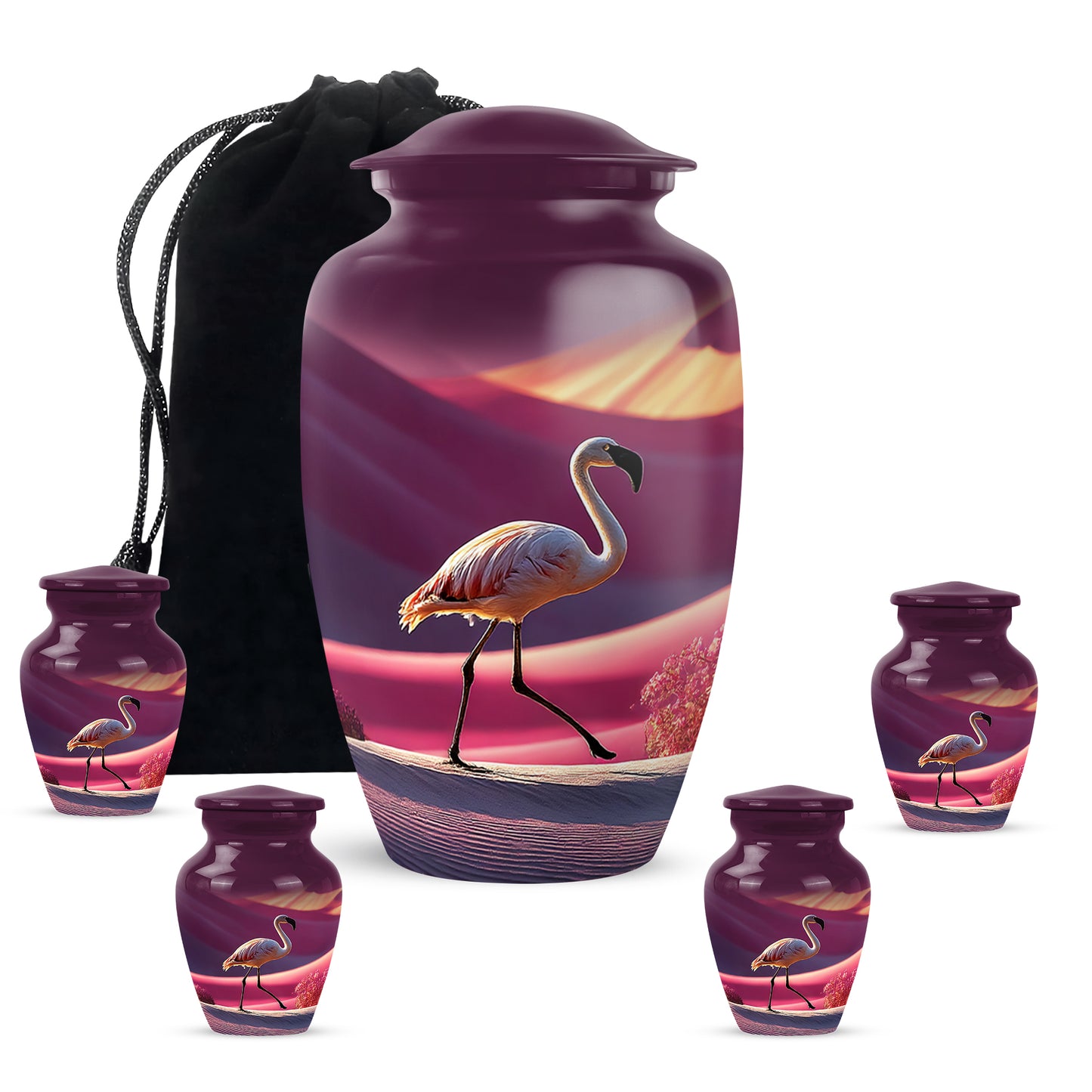 Soft Pink Flamingo Cremation Urn top-down view of secure threaded lid - elegant classic flamingo relief with fine detailing - memorial set with one large and four small urns