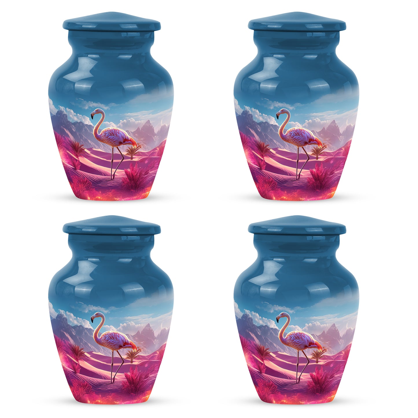 Navy Blue Flamingo Cremation Urn side profile showing urn shape - classic sculpted flamingo pattern on smooth aluminum - 10 inch aluminum urn for cremated remains
