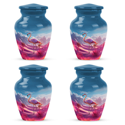 Navy Blue Flamingo Cremation Urn side profile showing urn shape - classic sculpted flamingo pattern on smooth aluminum - 10 inch aluminum urn for cremated remains