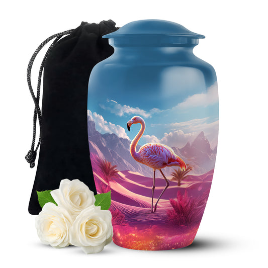 Vivid Blue Flamingo Cremation Urn angled view of lid and engraved motif - traditional flamingo engraving with hand-polished finish - full-size 10 inch 200 cubic inch adult cremation urn