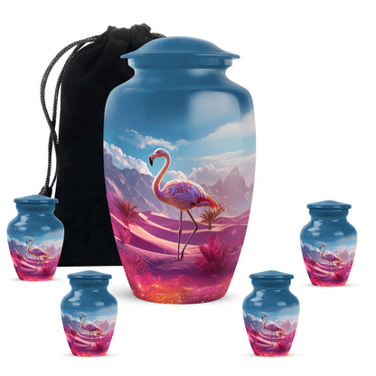 Celestial Blue Flamingo Cremation Urn top-down view of secure threaded lid - classic sculpted flamingo pattern on smooth aluminum - memorial set with one large and four small urns
