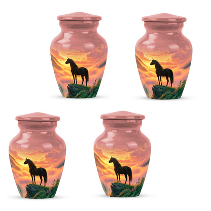 Garnet Red Horse Cremation Urn side profile showing urn shape - classic sculpted horse pattern on smooth aluminum - 10 inch aluminum urn for cremated remains
