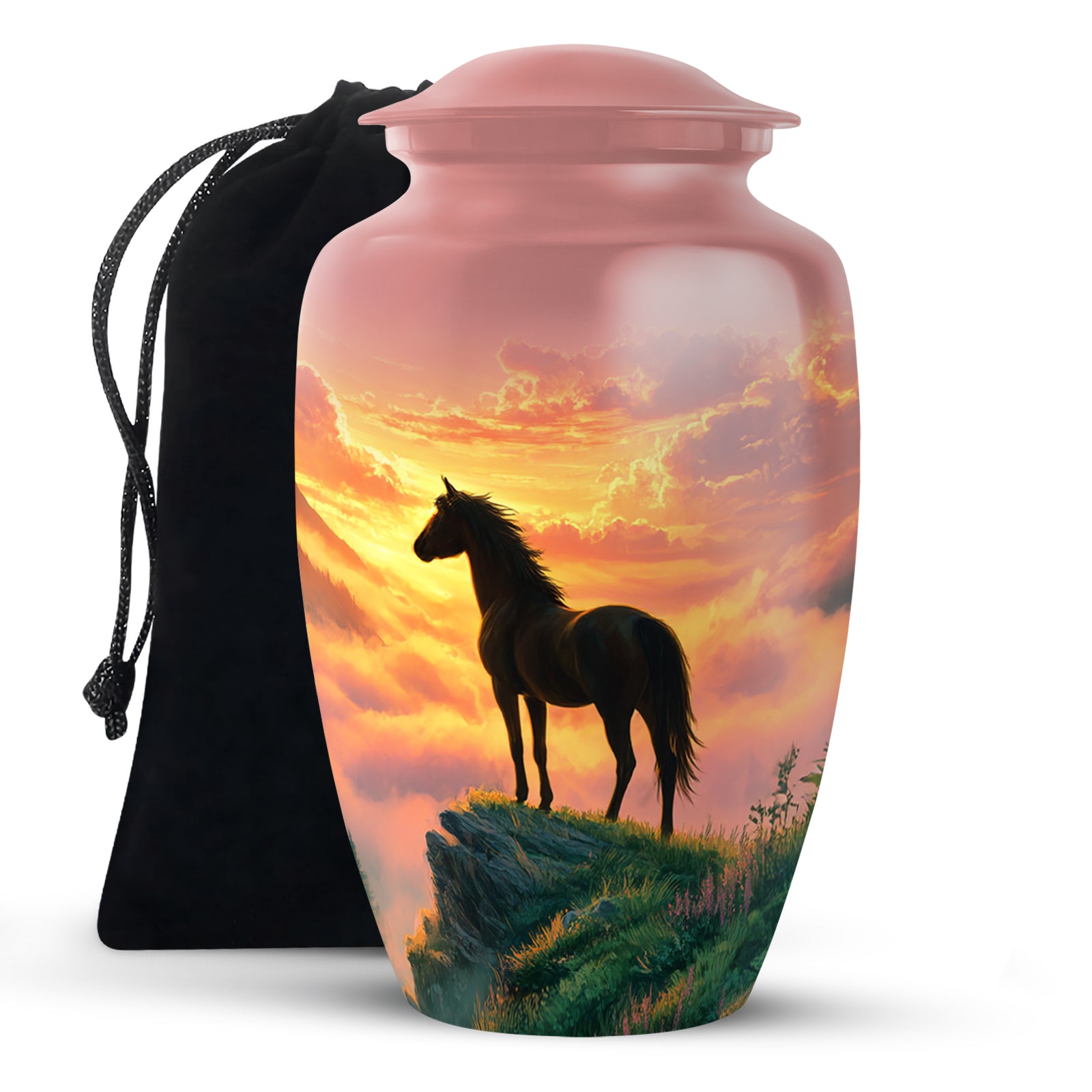 Ruby Red Horse Cremation Urn angled view of lid and engraved motif - traditional horse engraving with hand-polished finish - full-size 10 inch 200 cubic inch adult cremation urn