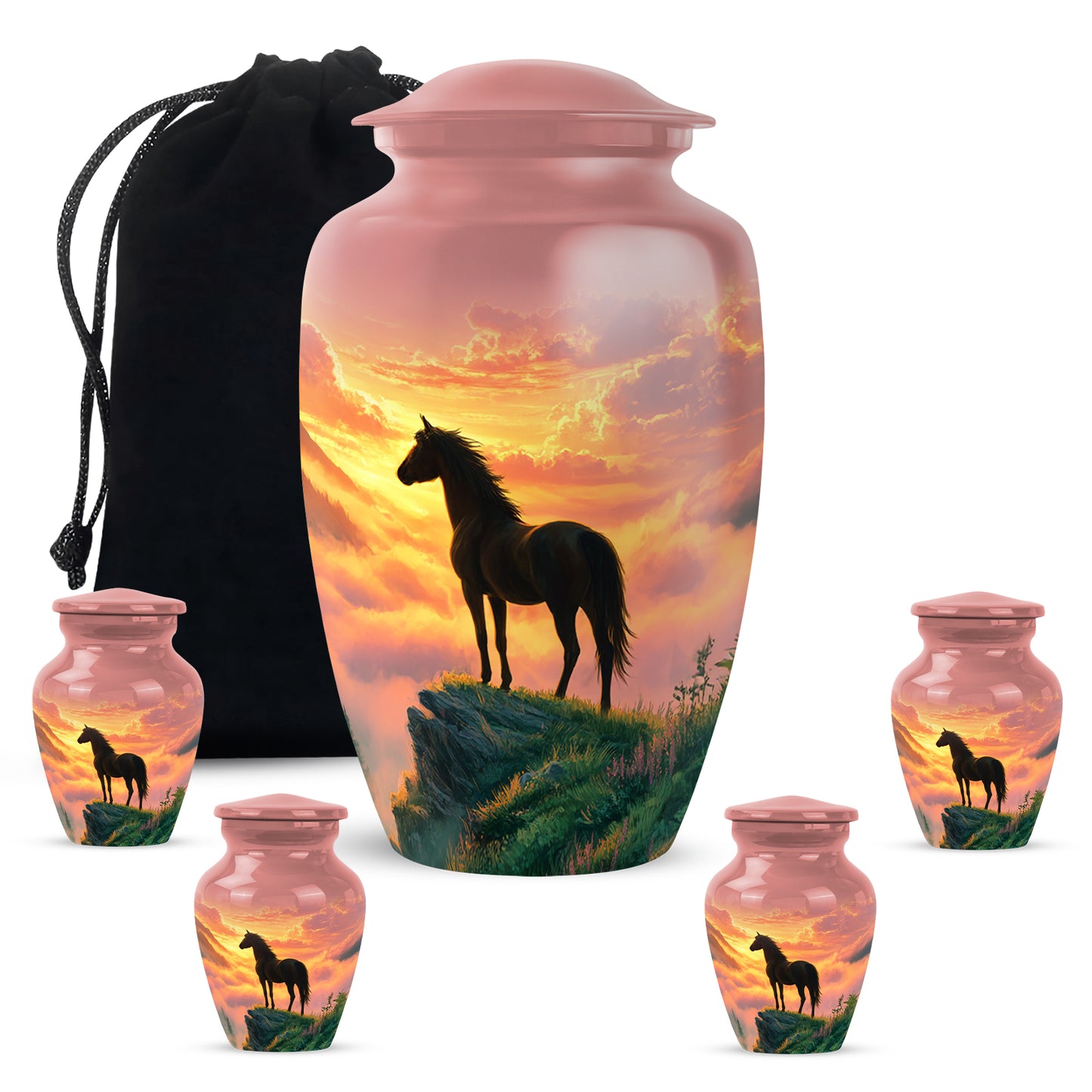Crimson Red Horse Cremation Urn top-down view of secure threaded lid - classic sculpted horse pattern on smooth aluminum - memorial set with one large and four small urns