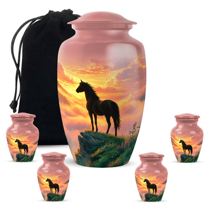 Crimson Red Horse Cremation Urn top-down view of secure threaded lid - classic sculpted horse pattern on smooth aluminum - memorial set with one large and four small urns