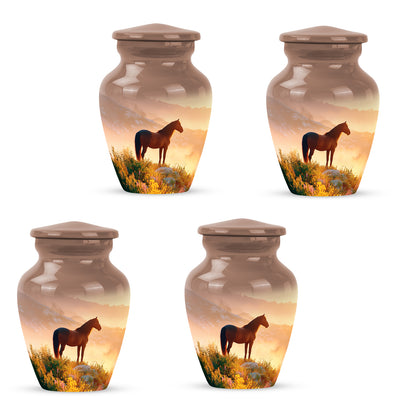 Antique Gold Horse Cremation Urn side profile showing urn shape - classic sculpted horse pattern on smooth aluminum - 10 inch aluminum urn for cremated remains