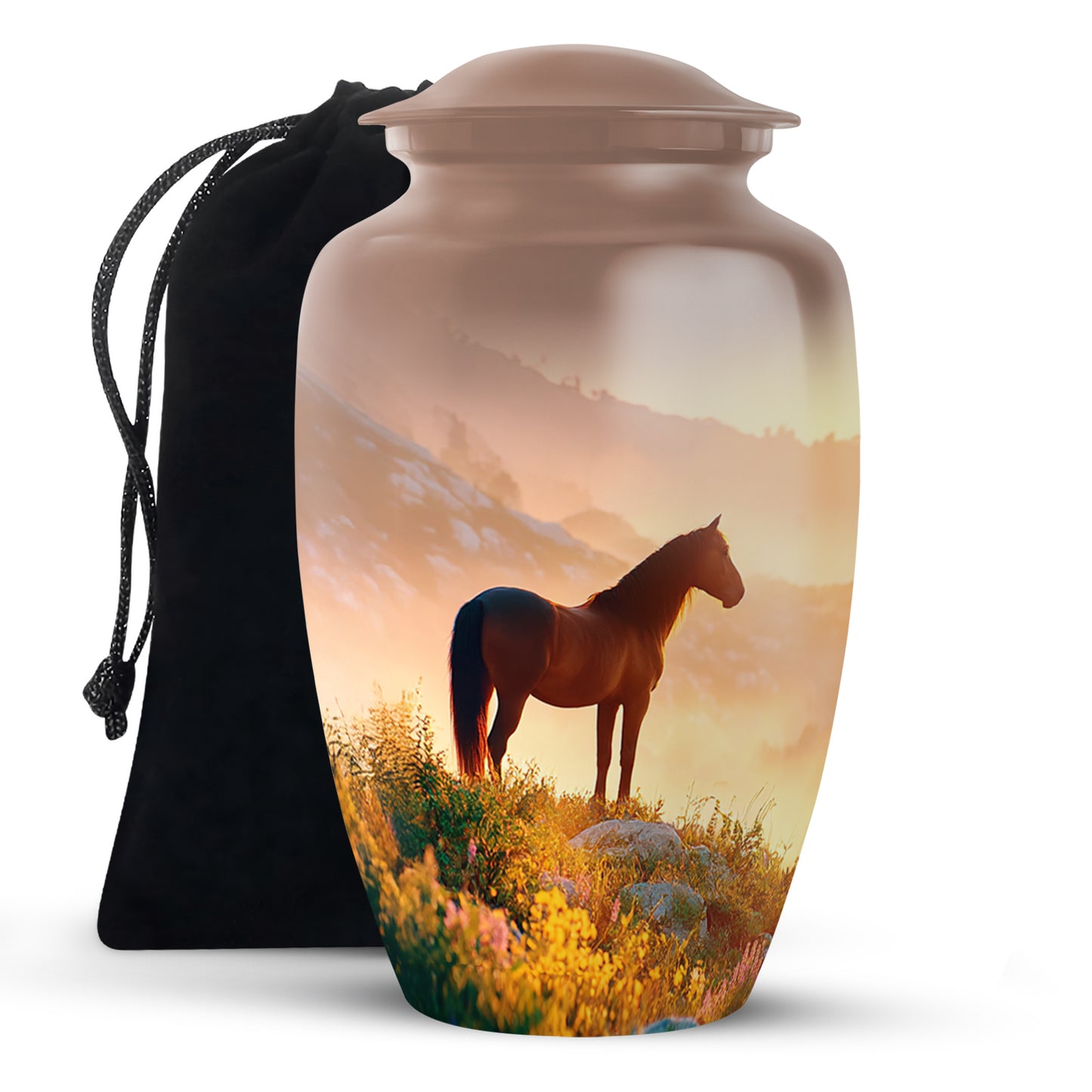 Champagne Gold Horse Cremation Urn angled view of lid and engraved motif - timeless horse motif etched into premium metal - full-size 10 inch 200 cubic inch adult cremation urn