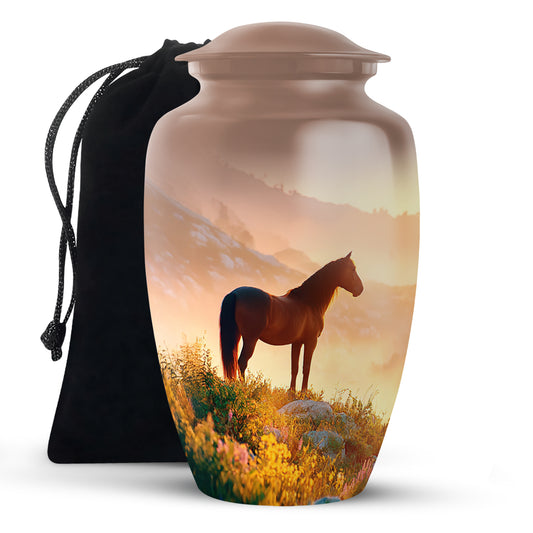 Champagne Gold Horse Cremation Urn angled view of lid and engraved motif - timeless horse motif etched into premium metal - full-size 10 inch 200 cubic inch adult cremation urn