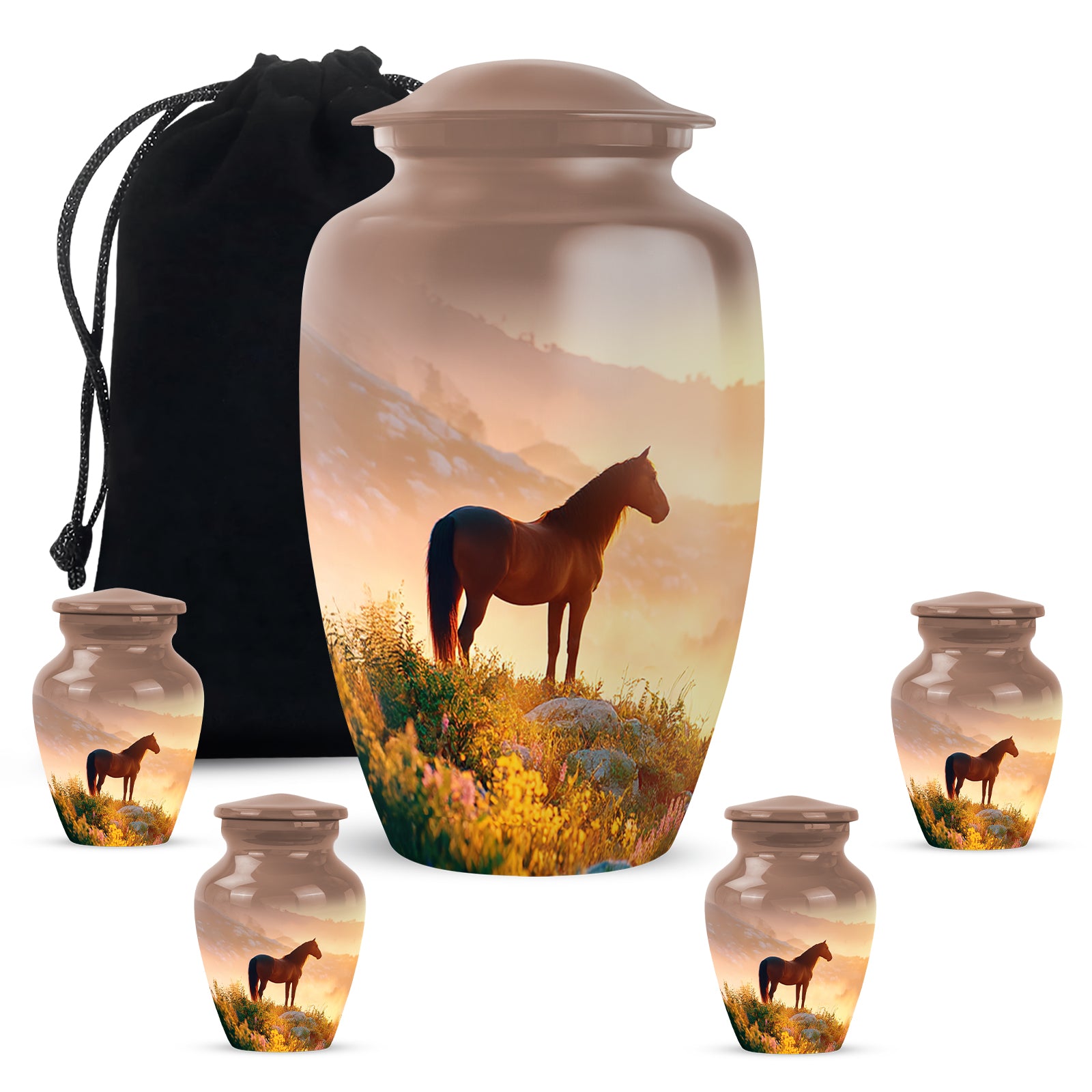 Gilded Gold Horse Cremation Urn top-down view of secure threaded lid - classic sculpted horse pattern on smooth aluminum - memorial set with one large and four small urns