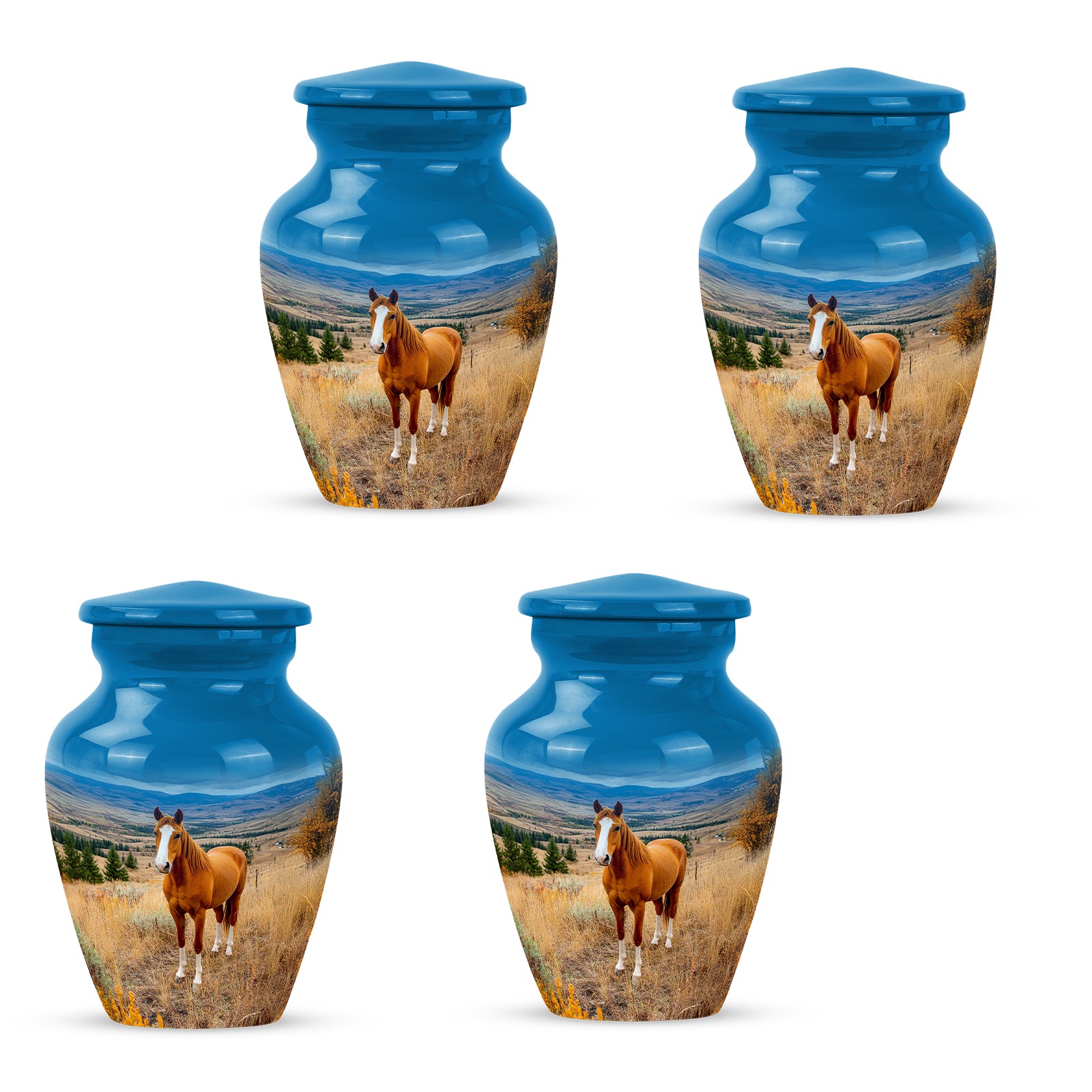 Icy Blue Horse Cremation Urn side profile showing urn shape - classic sculpted horse pattern on smooth aluminum - 10 inch aluminum urn for cremated remains