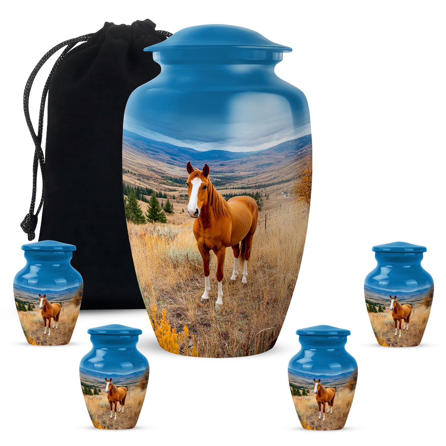 Indigo Horse Cremation Urn top-down view of secure threaded lid - timeless horse motif etched into premium metal - memorial set with one large and four small urns
