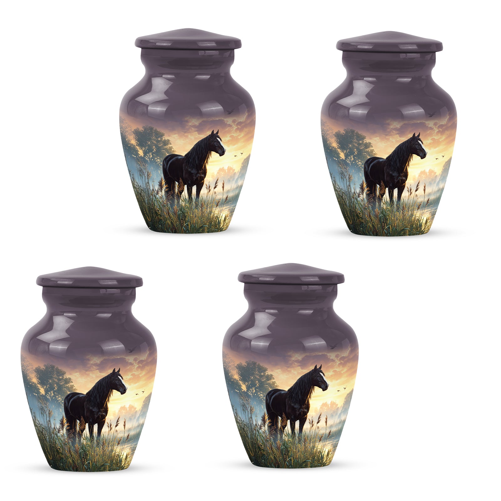 Midnight Black Horse Cremation Urn side profile showing urn shape - traditional horse engraving with hand-polished finish - 10 inch aluminum urn for cremated remains