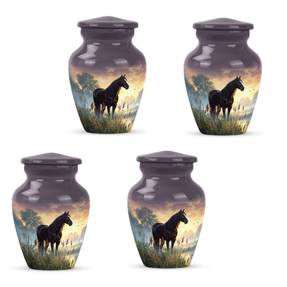 Midnight Black Horse Cremation Urn side profile showing urn shape - traditional horse engraving with hand-polished finish - 10 inch aluminum urn for cremated remains