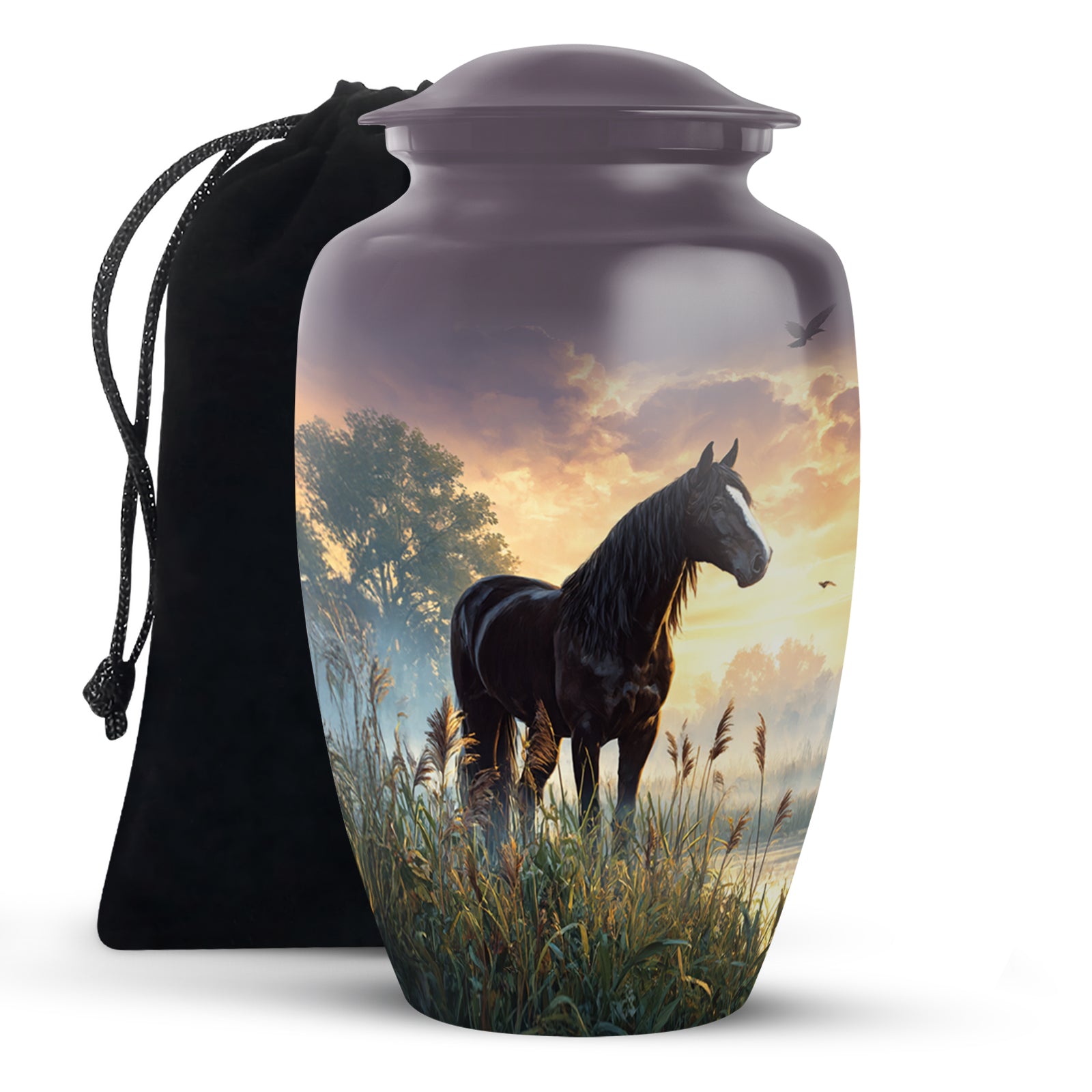 Onyx Black Horse Cremation Urn angled view of lid and engraved motif - traditional horse engraving with hand-polished finish - full-size 10 inch 200 cubic inch adult cremation urn