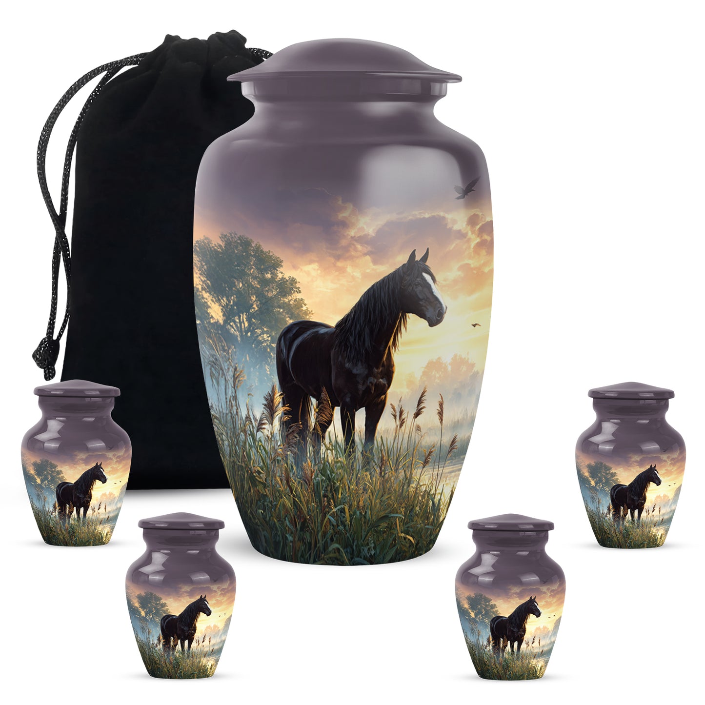 Onyx Black Horse Cremation Urn top-down view of secure threaded lid - elegant classic horse relief with fine detailing - memorial set with one large and four small urns
