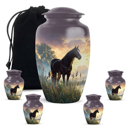 Onyx Black Horse Cremation Urn top-down view of secure threaded lid - elegant classic horse relief with fine detailing - memorial set with one large and four small urns