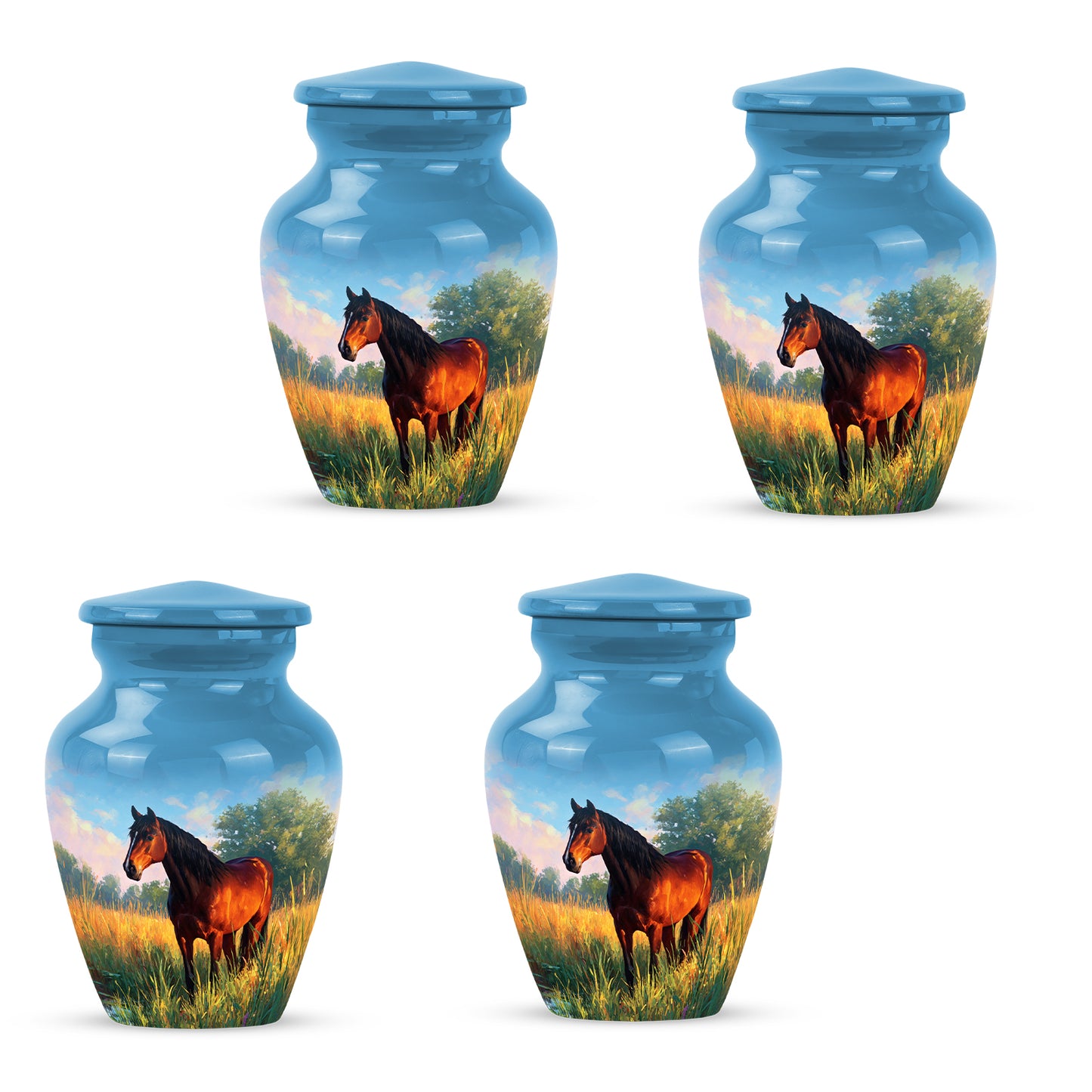 Icy Blue Horse Cremation Urn side profile showing urn shape - classic sculpted horse pattern on smooth aluminum - 10 inch aluminum urn for cremated remains