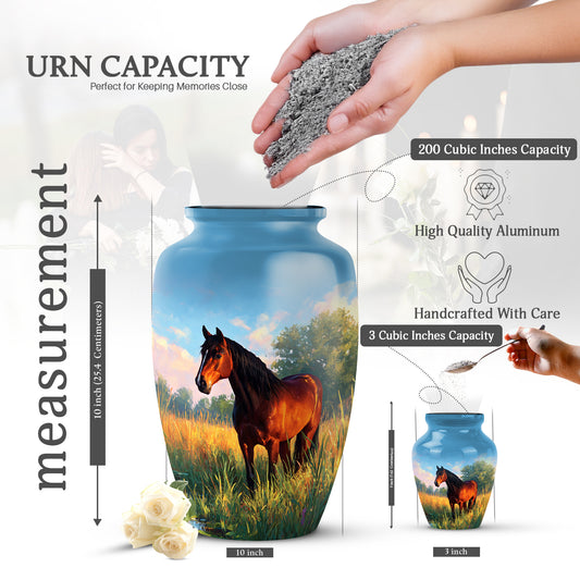 Vivid Blue Horse Cremation Urn close-up of engraving and surface detail - traditional horse engraving with hand-polished finish - mini keepsake memorial for portion of cremation ashes